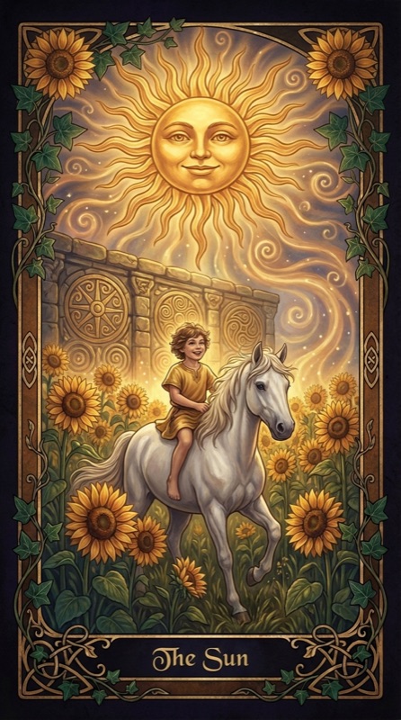 The Sun tarot card, a radiant golden sun above a child riding a white horse through sunflowers